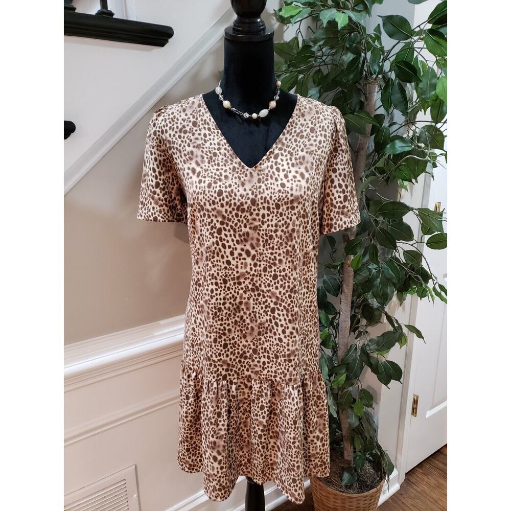 A New Day Women's Beige Brown Polyester V-Neck Short Sleeve‎ Knee Length Dress S
